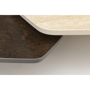 Konferenční stolek MOVEMENT 80-130 cm otočný keramický stůl s přírodním travertinem a vzhledem rezavění  Místnosti 46421