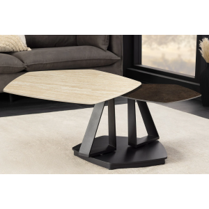 Konferenční stolek MOVEMENT 80-130 cm otočný keramický stůl s přírodním travertinem a vzhledem rezavění  Místnosti 46421