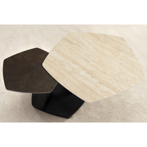 Konferenční stolek MOVEMENT 80-130 cm otočný keramický stůl s přírodním travertinem a vzhledem rezavění  Místnosti 46421