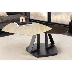 Konferenční stolek MOVEMENT 80-130 cm otočný keramický stůl s přírodním travertinem a vzhledem rezavění  Místnosti 46421