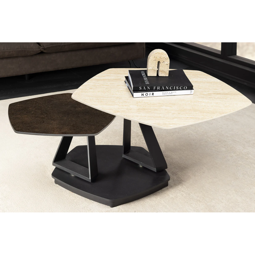 Konferenční stolek MOVEMENT 80-130 cm otočný keramický stůl s přírodním travertinem a vzhledem rezavění  Místnosti 46421