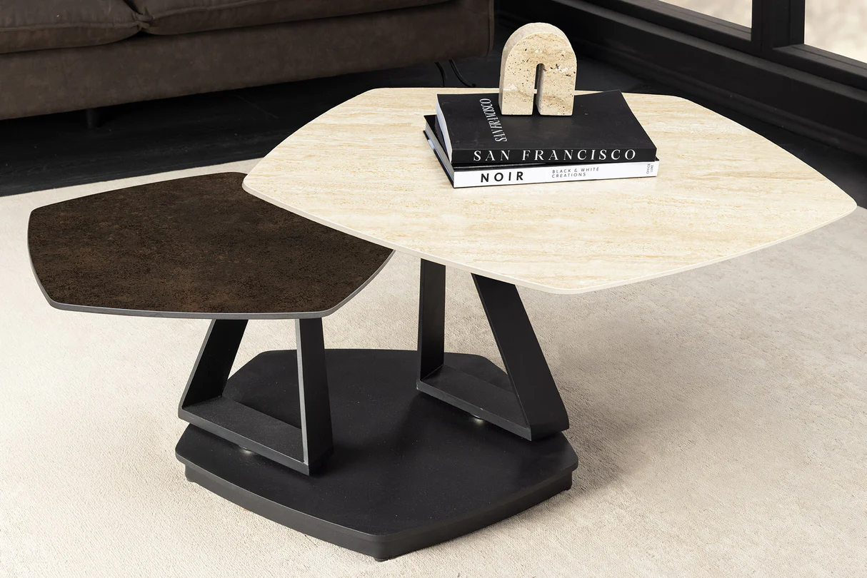 Konferenční stolek MOVEMENT 80-130 cm otočný keramický stůl s přírodním travertinem a vzhledem rezavění  Místnosti 46421