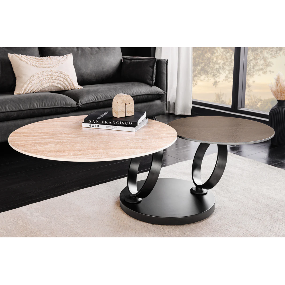 Konferenční stolek DANCING RINGS 80-135 cm otočný keramický stůl s přírodním travertinem a vzhledem rezavění  Místnosti 46316