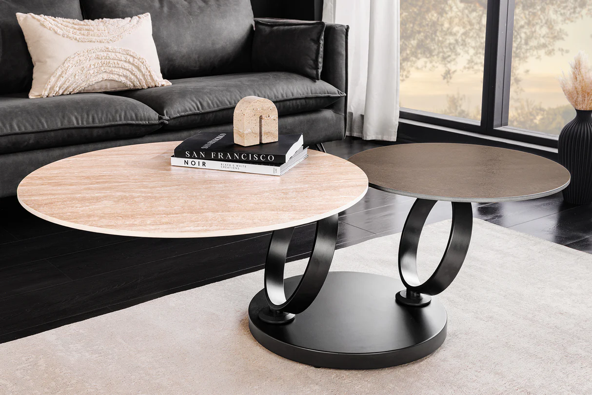 Konferenční stolek DANCING RINGS 80-135 cm otočný keramický stůl s přírodním travertinem a vzhledem rezavění  Místnosti 46316