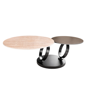 Konferenční stolek DANCING RINGS 80-135 cm otočný keramický stůl s přírodním travertinem a vzhledem rezavění  Místnosti 46316