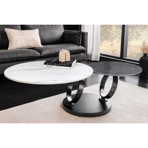 Konferenční stolek DANCING RINGS 80-135 cm otočný keramický stůl bílý a antracitový mramorový vzhled  Místnosti 46317