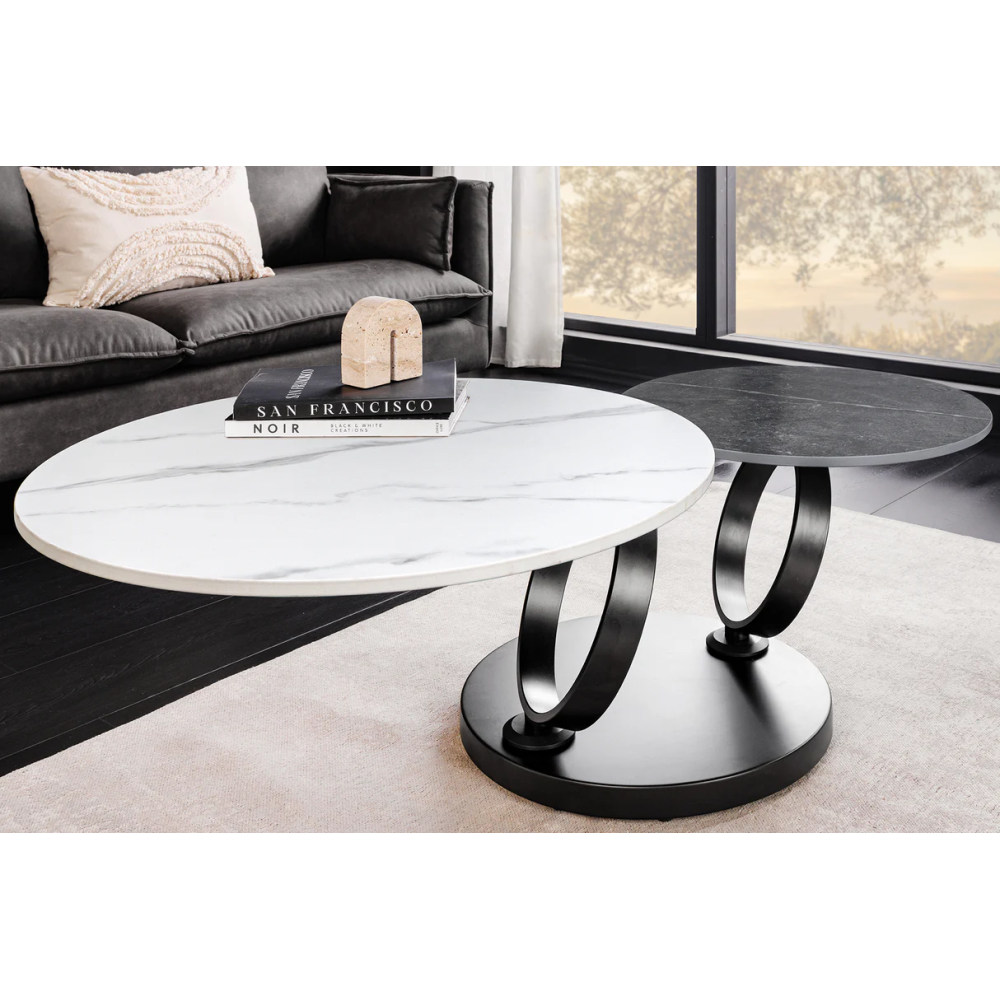 Konferenční stolek DANCING RINGS 80-135 cm otočný keramický stůl bílý a antracitový mramorový vzhled  Místnosti 46317