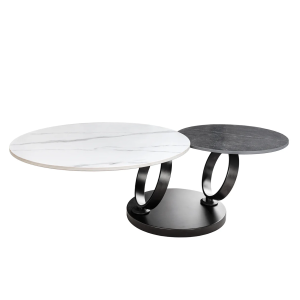 Konferenční stolek DANCING RINGS 80-135 cm otočný keramický stůl bílý a antracitový mramorový vzhled  Místnosti 46317