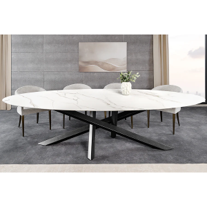 Jídelní stůl SCULPTURE 280 cm oválný rám černý s keramickou deskou, bílý mramorový vzhled  Stoly a stolky 46474