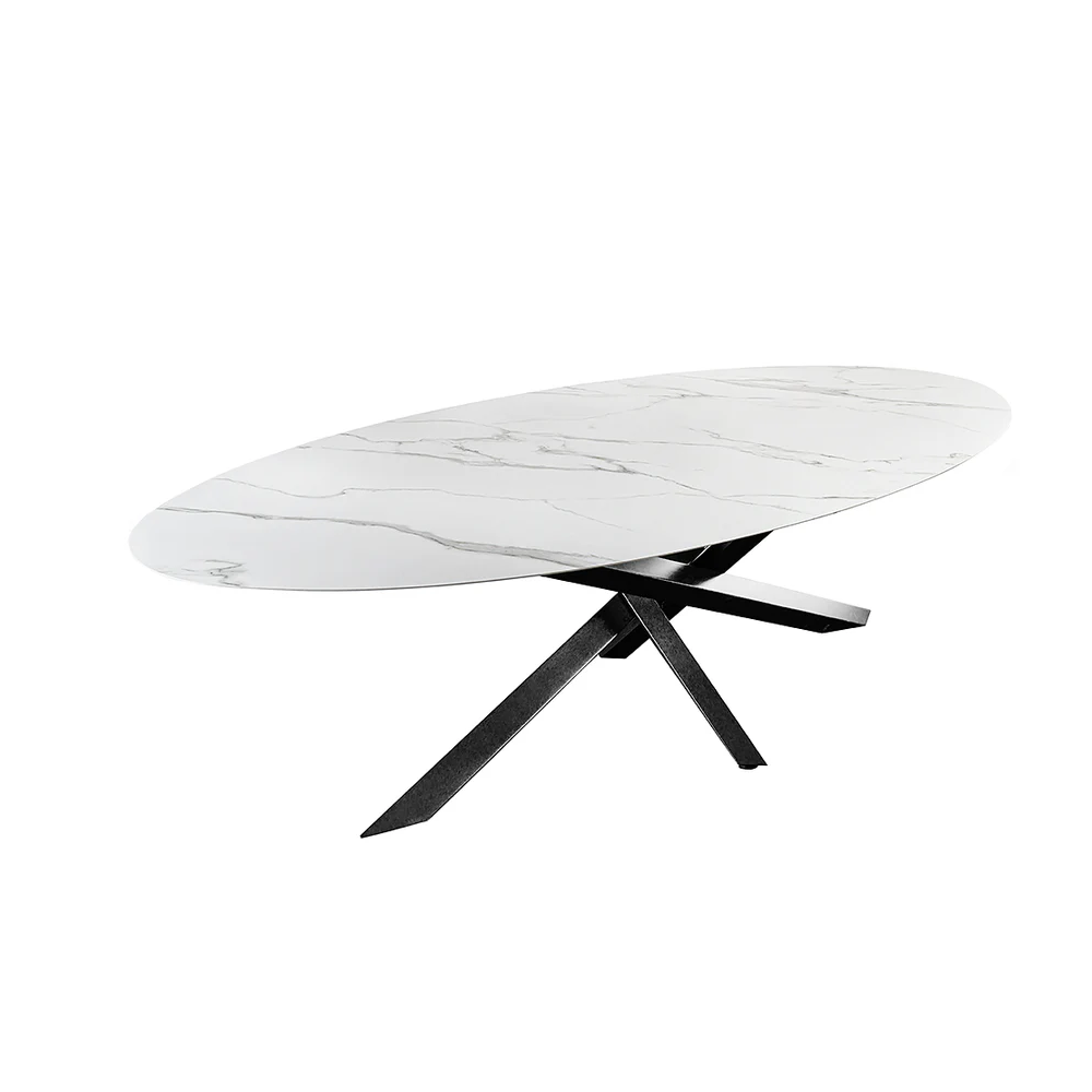 Jídelní stůl SCULPTURE 280 cm oválný rám černý s keramickou deskou, bílý mramorový vzhled  Stoly a stolky 46474