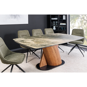 Jídelní stůl ELEMENTS 180-260 cm rozkládací, ořechový rám s keramickou deskou, taupe béžový mramorový vzhled  Místnosti 46476
