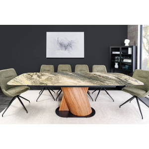 Jídelní stůl ELEMENTS 180-260 cm rozkládací, ořechový rám s keramickou deskou, taupe béžový mramorový vzhled  Místnosti 46476