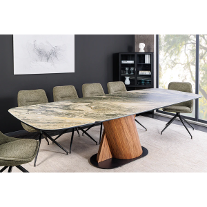 Jídelní stůl ELEMENTS 180-260 cm rozkládací, ořechový rám s keramickou deskou, taupe béžový mramorový vzhled  Místnosti 46476