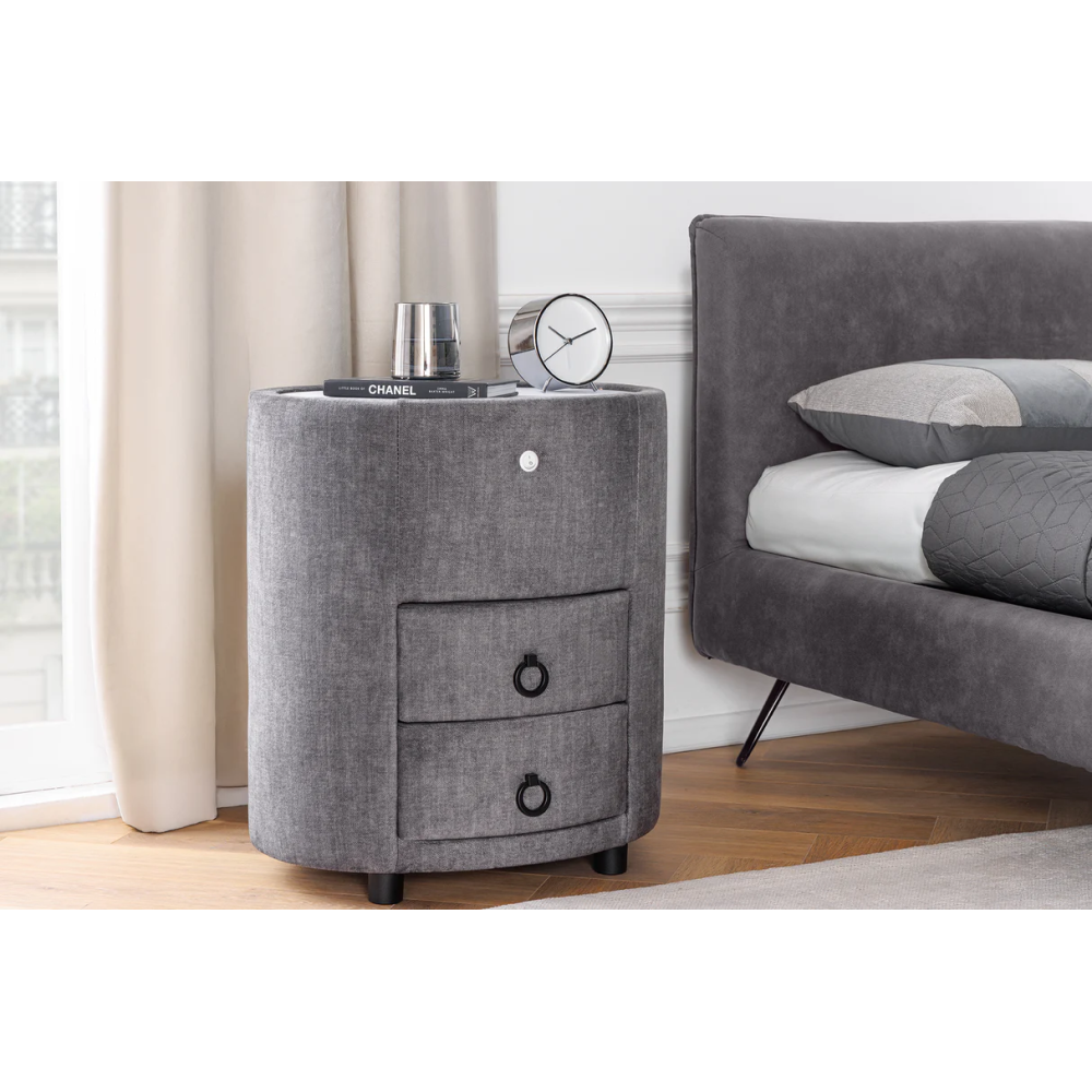 Noční stolek SIGNUM oválný s LED světlem 55 cm sametově šedý  Místnosti 46411