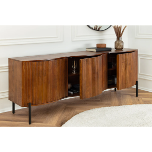 Komoda GRANDEUR 180cm 3D retro styl mangové dřevo hnědá s černými kovovými nohami  Místnosti 47147