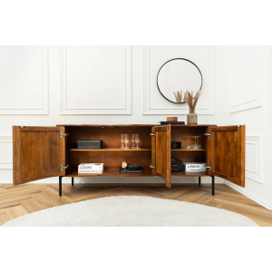 Komoda GRANDEUR 180cm 3D retro styl mangové dřevo hnědá s černými kovovými nohami  Místnosti 47147