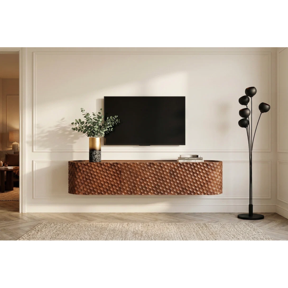 Závěsný televizní stolek ADLON II 3D 160 CM hnědý masiv mango  Místnosti 47586