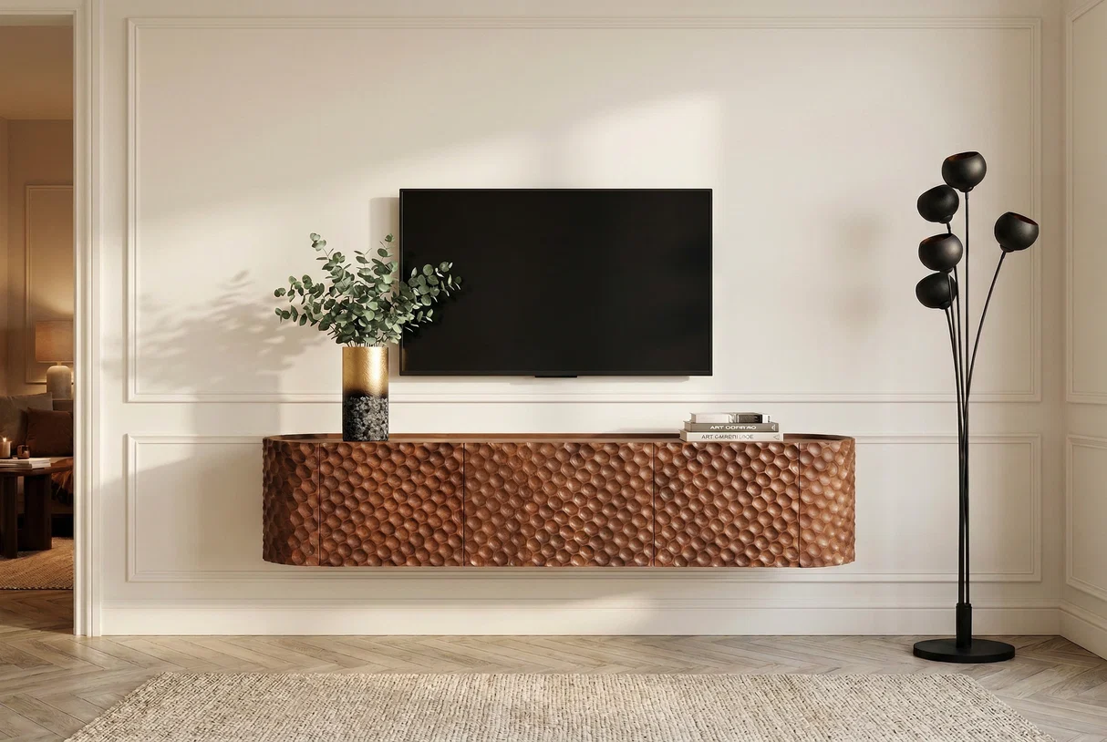 Závěsný televizní stolek ADLON II 3D 160 CM hnědý masiv mango  Místnosti 47586