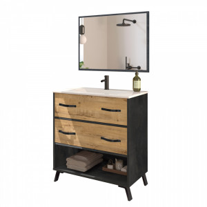 Skříňka pod umyvadlo Hawk s umyvadlem a zrcadlem - imitace mramoru / dub zlatý Nielsen Koupelnové skříňky 13051