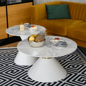 Konferenční stolky BUZZ, set 2 ks, bílý mramor/bílá/zlatá, ocel  Místnosti MH386970W