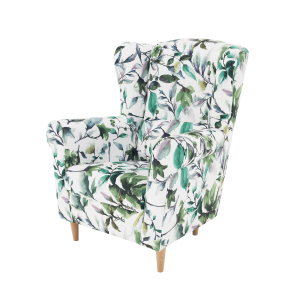 Křeslo ušák KARL, látka vzor listí - nožičky dřevěné  Místnosti MH149736W