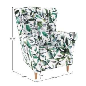 Křeslo ušák KARL, látka vzor listí - nožičky dřevěné  Místnosti MH149736W