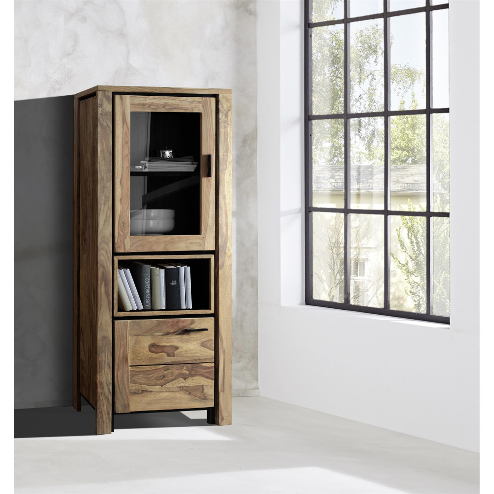 Dřevěná vitrína BANDUNG masiv sheesham 100/180/40 cm vč. LED - VÝPRODEJ  Místnosti BAN-9144