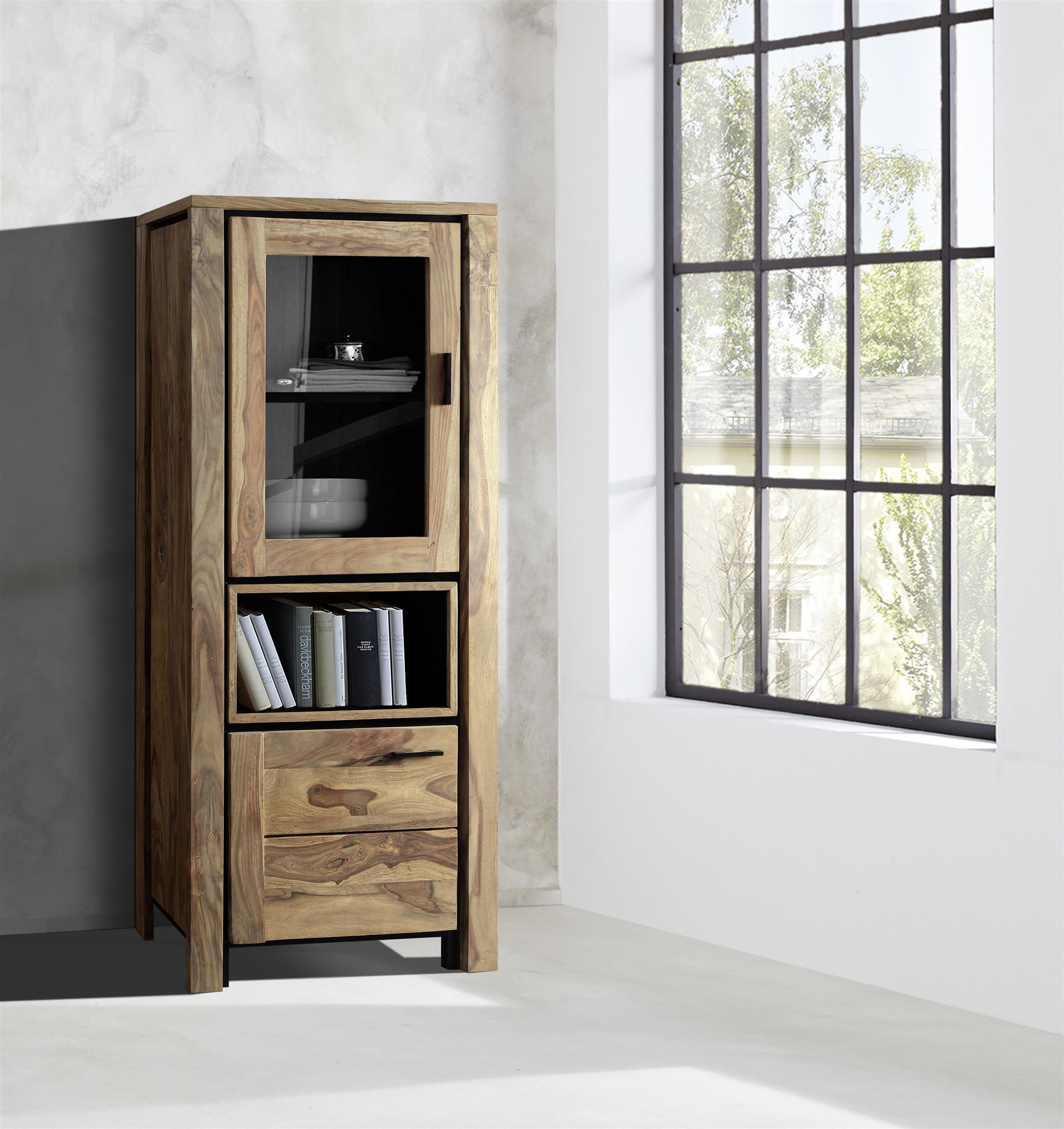 Dřevěná vitrína BANDUNG masiv sheesham 100/180/40 cm vč. LED - VÝPRODEJ  Místnosti BAN-9144